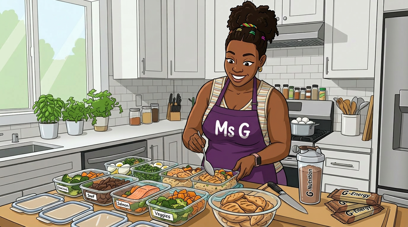Woman scooping grilled chicken and vegetables into meal prep containers